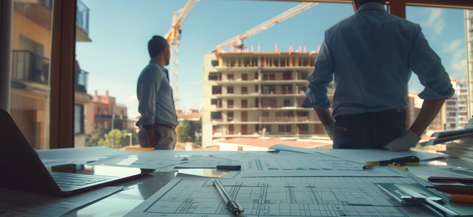 Profesionales de Edificalia revisando planos de construcción