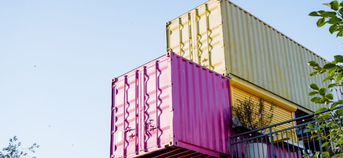 An,Outdoor,Cafe,Made,Of,Sea,Containers,,Colored,Iron,Boxes